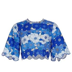 Farm Rio Blue Flower Stripes Crop Top - 100% Linen